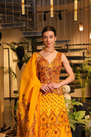 Mustard print embroidered lehenga with corset blouse