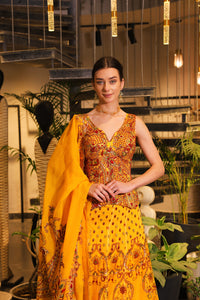 Mustard print embroidered lehenga with corset blouse