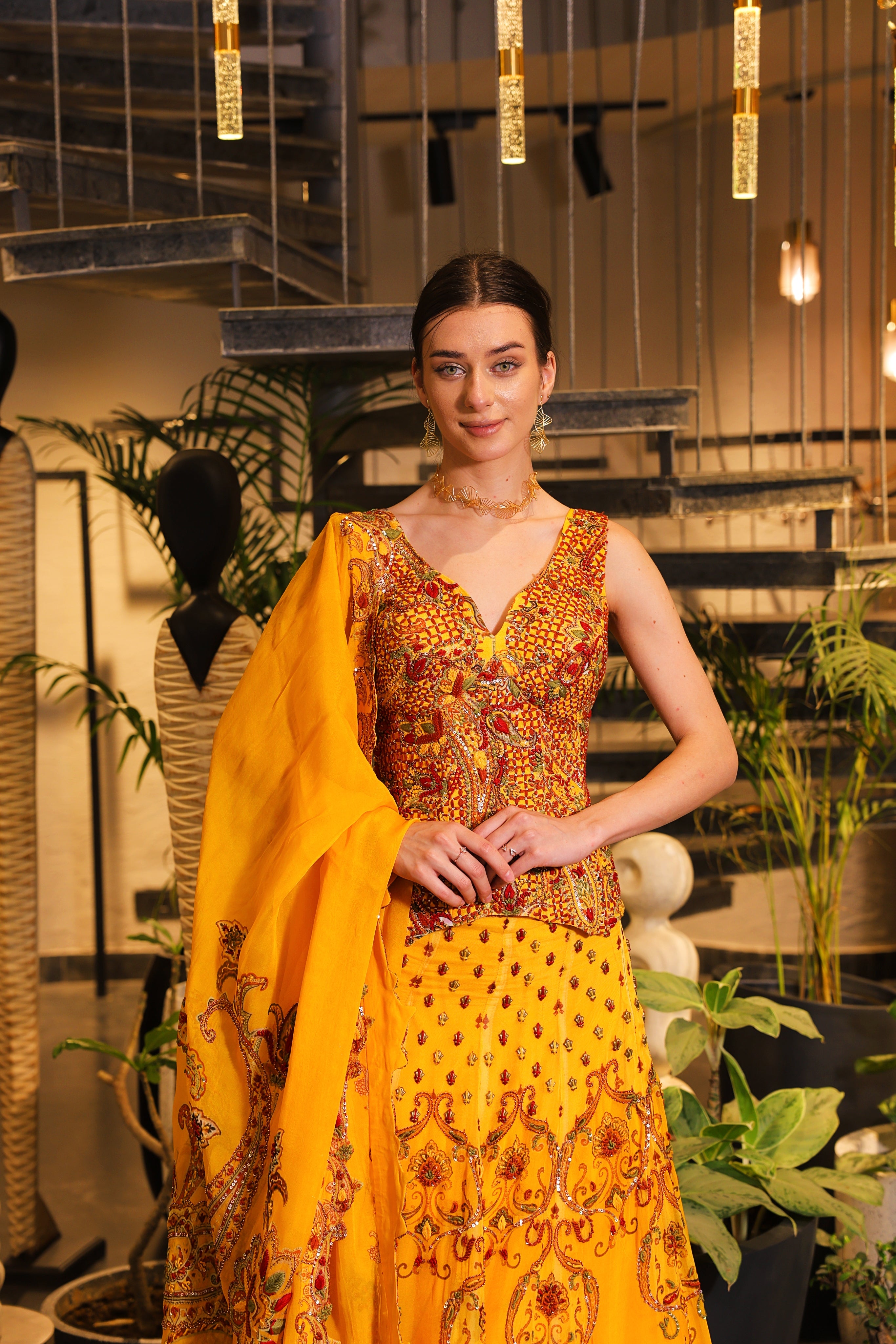 Mustard print embroidered lehenga with corset blouse