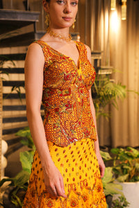 Mustard print embroidered lehenga with corset blouse