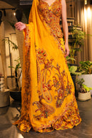 Mustard print embroidered lehenga with corset blouse