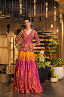 mystic purple and mustard print embroidered Lehenga with peplum bodice