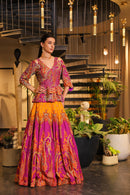 mystic purple and mustard print embroidered Lehenga with peplum bodice
