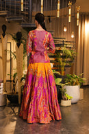 mystic purple and mustard print embroidered Lehenga with peplum bodice