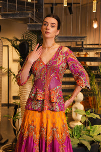 mystic purple and mustard print embroidered Lehenga with peplum bodice
