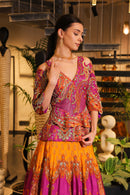 mystic purple and mustard print embroidered Lehenga with peplum bodice