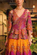 mystic purple and mustard print embroidered Lehenga with peplum bodice