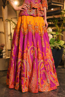 mystic purple and mustard print embroidered Lehenga with peplum bodice
