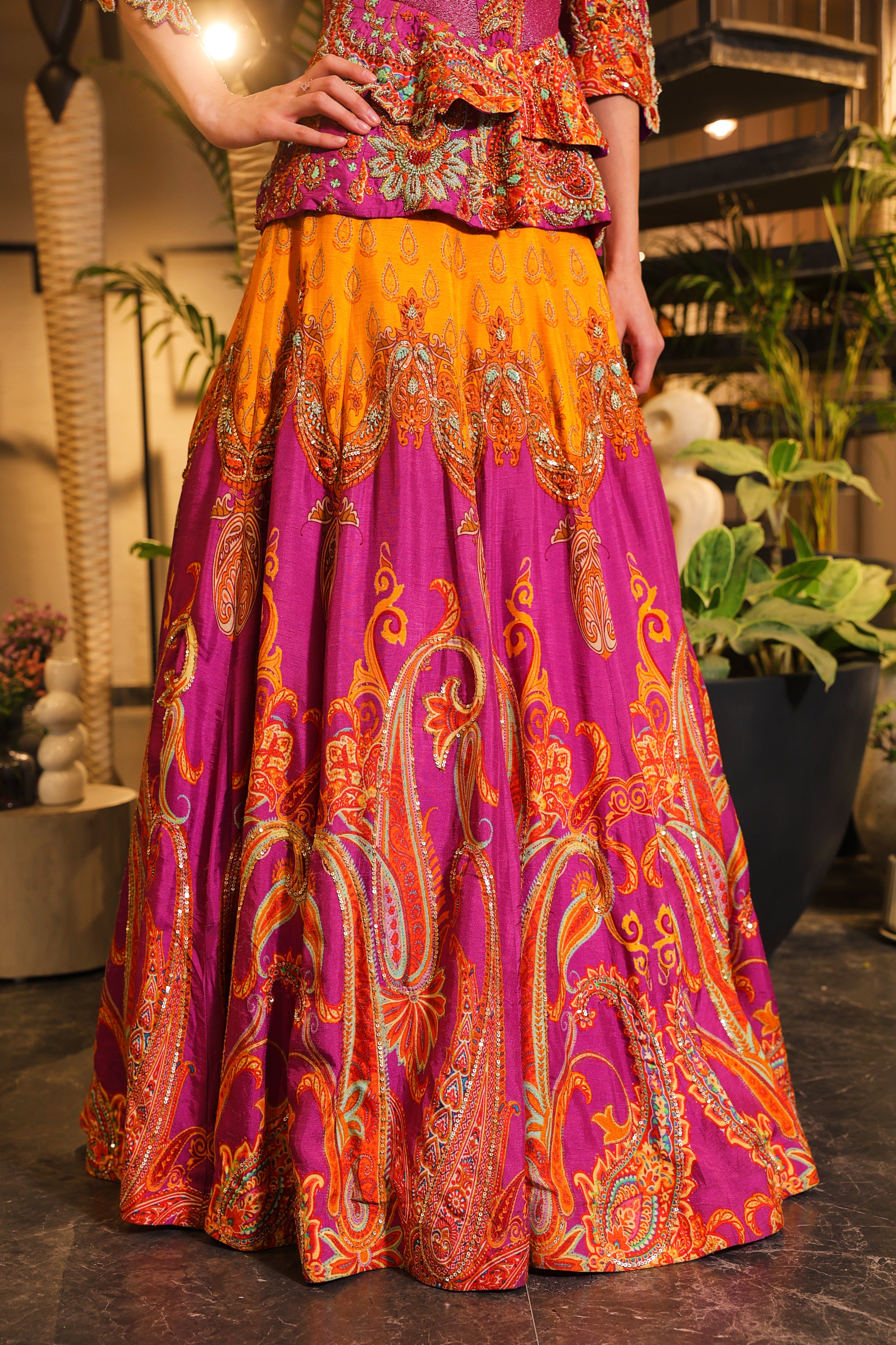 mystic purple and mustard print embroidered Lehenga with peplum bodice