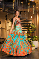 Cyan print embroidered Jhankar lehenga set