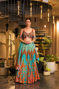 Cyan print embroidered Jhankar lehenga set