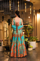 Cyan print embroidered Jhankar lehenga set