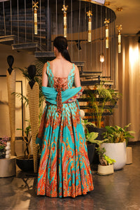 Cyan print embroidered Jhankar lehenga set