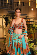 Cyan print embroidered Jhankar lehenga set