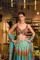 Cyan print embroidered Jhankar lehenga set
