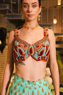 Cyan print embroidered Jhankar lehenga set