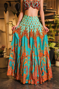 Cyan print embroidered Jhankar lehenga set
