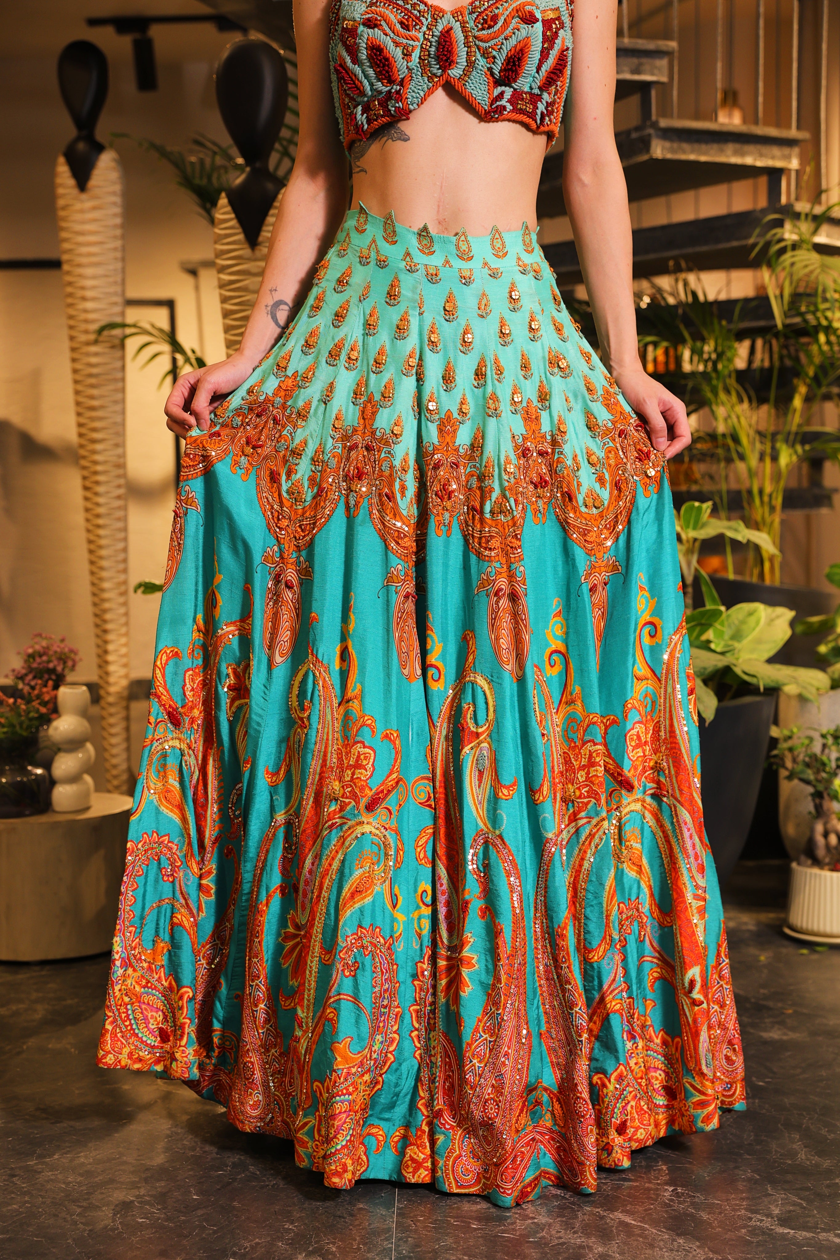 Cyan print embroidered Jhankar lehenga set