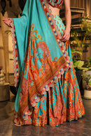 Cyan print embroidered Jhankar lehenga set