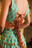 Cyan print embroidered Jhankar lehenga set