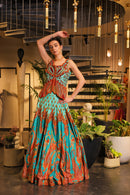Cyan print embroidered lehenga set with embroidered bodice