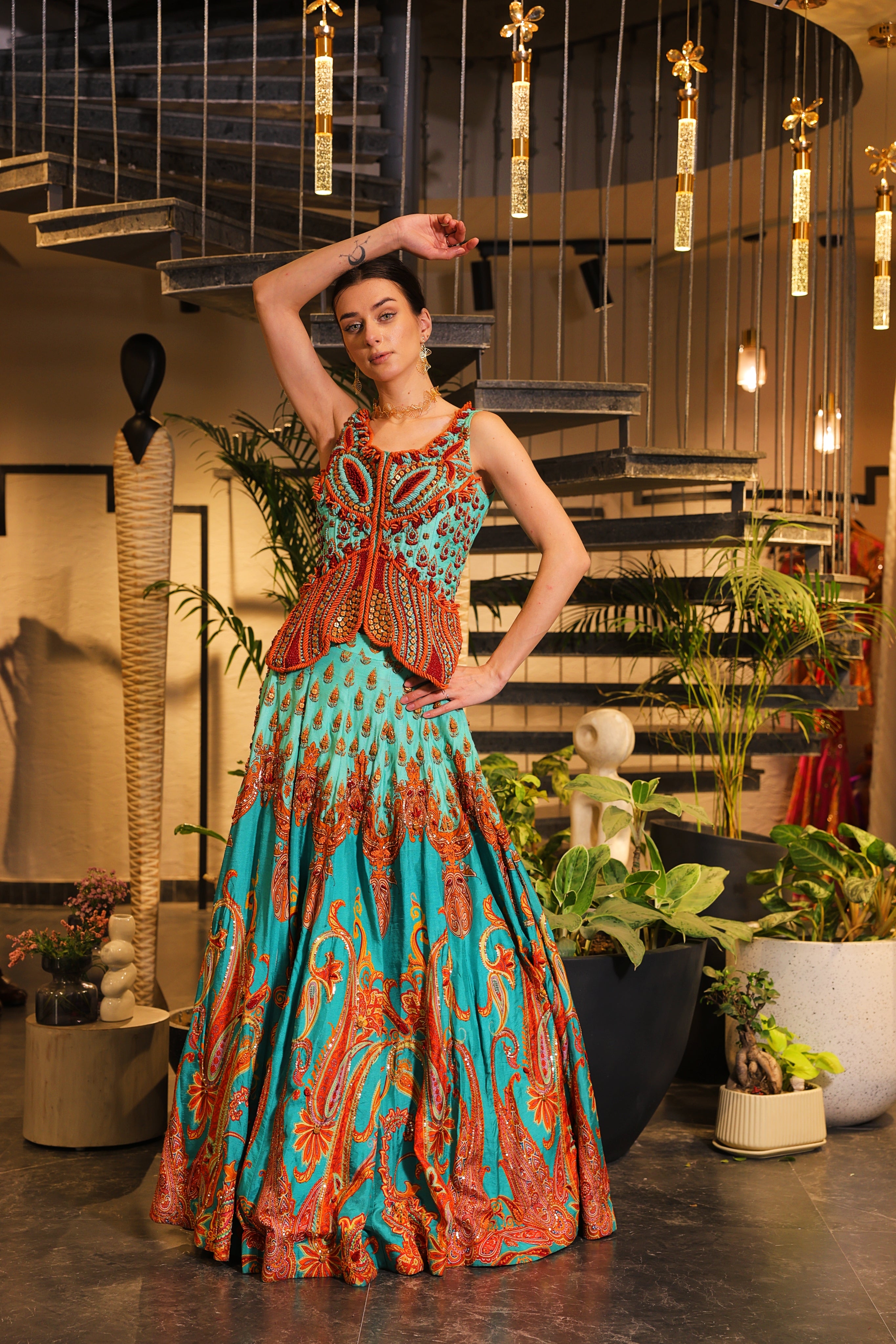 Cyan print embroidered lehenga set with embroidered bodice