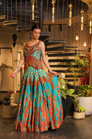 Cyan print embroidered lehenga set with embroidered bodice