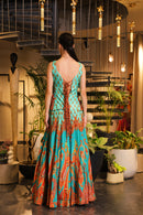 Cyan print embroidered lehenga set with embroidered bodice