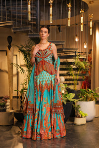 Cyan print embroidered lehenga set with embroidered bodice