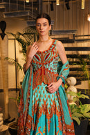 Cyan print embroidered lehenga set with embroidered bodice
