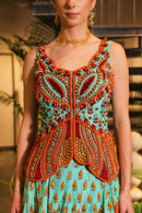 Cyan print embroidered lehenga set with embroidered bodice