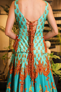 Cyan print embroidered lehenga set with embroidered bodice