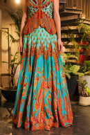 Cyan print embroidered lehenga set with embroidered bodice