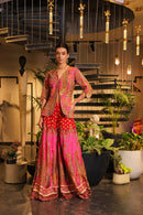 Pink print embroidered Jhankaar sharara pants with peplum cut bodice