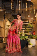 Pink print embroidered Jhankaar sharara pants with peplum cut bodice