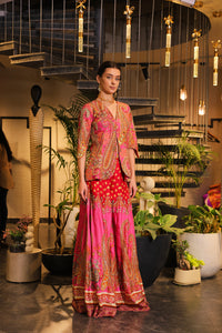Pink print embroidered Jhankaar sharara pants with peplum cut bodice