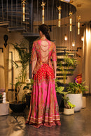 Pink print embroidered Jhankaar sharara pants with peplum cut bodice