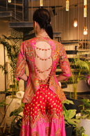 Pink print embroidered Jhankaar sharara pants with peplum cut bodice