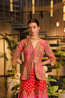 Pink print embroidered Jhankaar sharara pants with peplum cut bodice