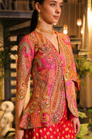 Pink print embroidered Jhankaar sharara pants with peplum cut bodice