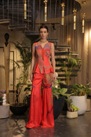 Crimson printed ethnosplash peplum cut bodice with garara pants.