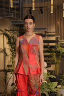 Crimson printed ethnosplash peplum cut bodice with garara pants.