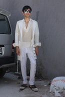 White overlay with AJ logo printed belt paired with shirt and pants