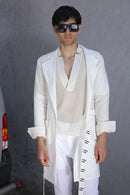 White overlay with AJ logo printed belt paired with shirt and pants