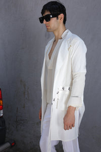White overlay with AJ logo printed belt paired with shirt and pants