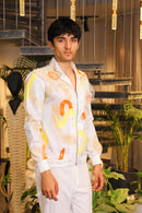 White hand painted crochet embroidered bomber shirt