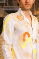 White hand painted crochet embroidered bomber shirt