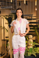 White hand painted cropped lapelled jacket with flared pants
