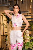 White hand painted cropped lapelled jacket with flared pants