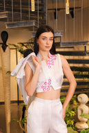 White hand painted cropped lapelled jacket with flared pants